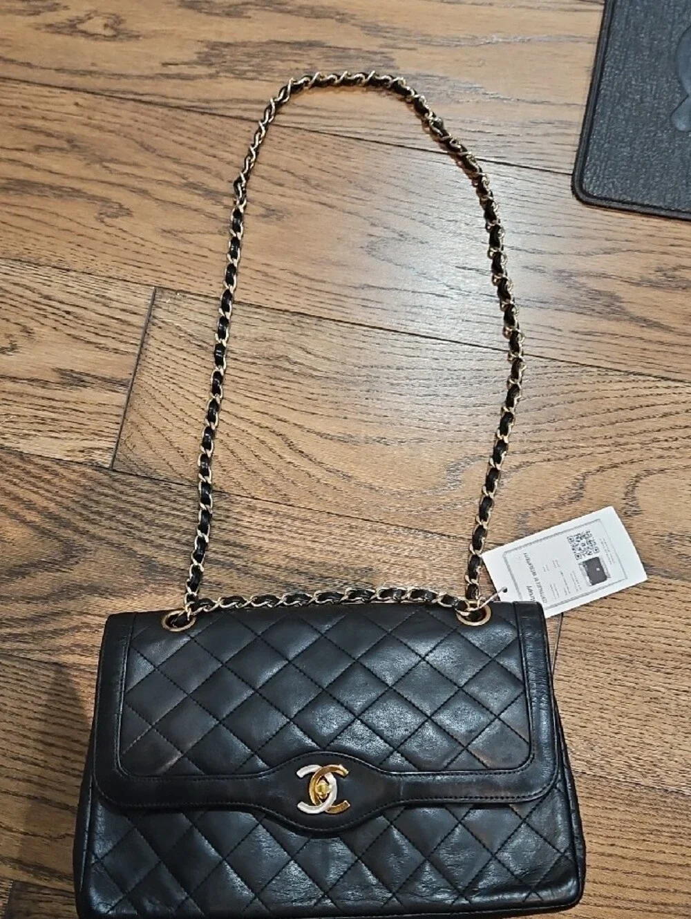 Vintage CHANEL Black Quilted Leather Shoulder Bag with Gold And SilveCC Hardware